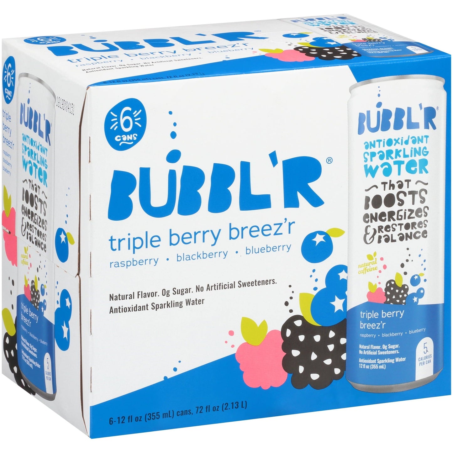 Bubbl'r Energizing Triple Berry Antioxidant Sparkling Water with Caffeine - 12 fl oz 6 Pack Cans