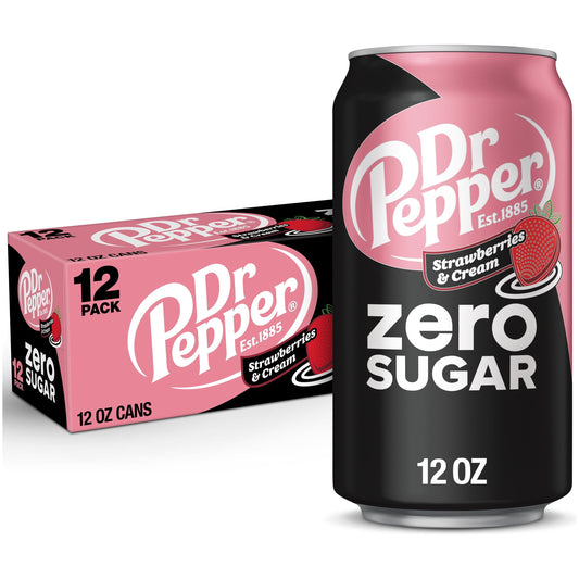 Dr Pepper Zero Sugar Strawberries and Cream Soda Pop, 12 fl oz, 12 Pack Cans - Dr. Pepper