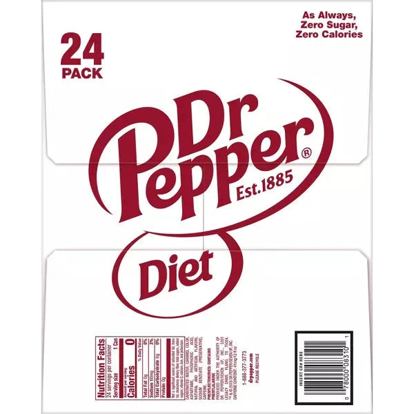 Diet Dr Pepper Zero Calorie Soda, 12 oz Cans, 24 Count Pack - Dr. Pepper