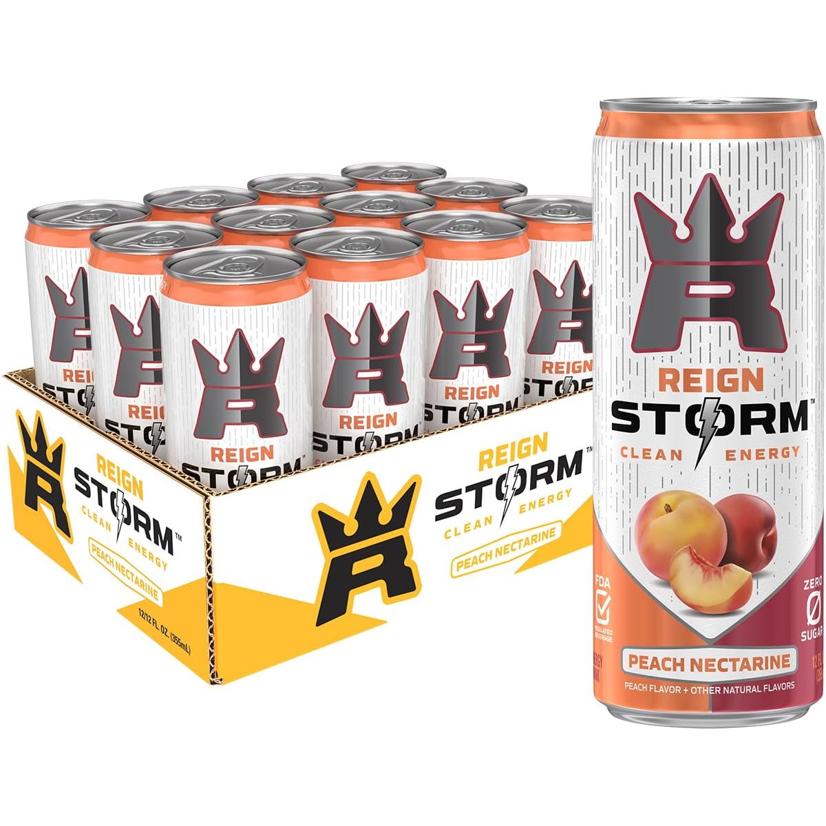 REIGN Storm Peach Nectarine Energy Drink - 12 Pack (12 Fl Oz Each) for Fitness & Wellness