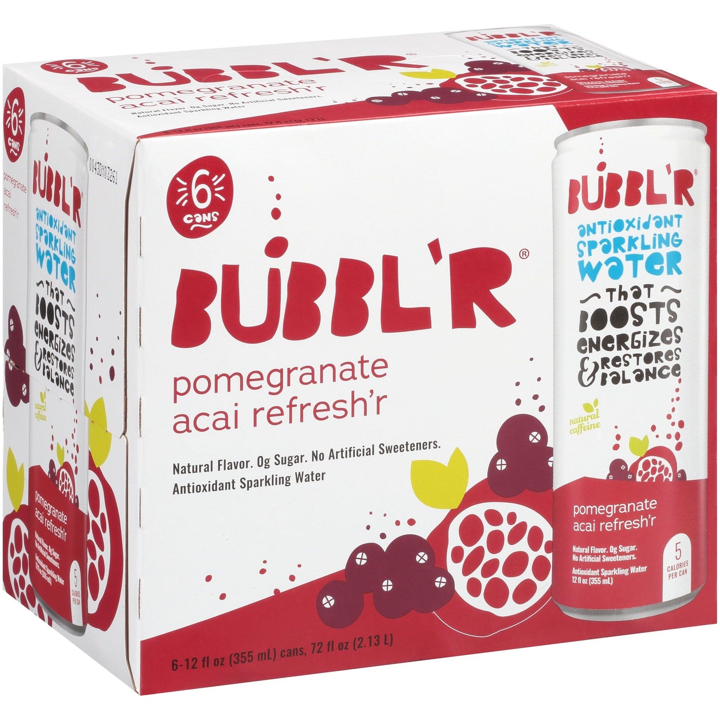 Bubbl'r Energizing Pomegranate Acai Antioxidant Sparkling Water with Caffeine Boost, 12 fl oz 6 Pack Cans