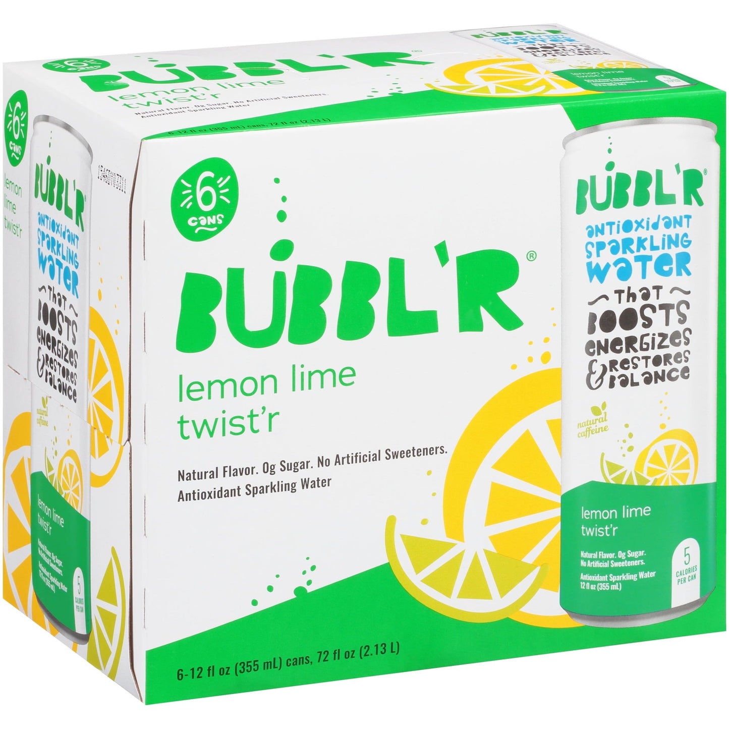 Bubbl'r Lemon Lime Caffeinated Antioxidant Sparkling Water - 12 oz Cans (6 Pack)