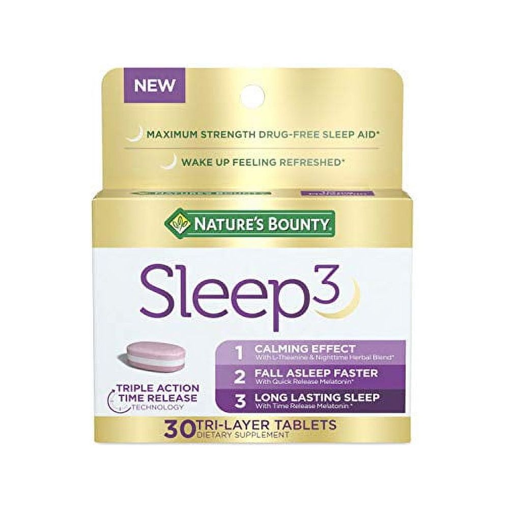 Melatonin by Nature's Bounty, Sleep3 Maximum Strength 100% Drug Free Sleep Aid, Dietary Supplement, L-Theanine & Nighttime Herbal Blend Time Release Technology, 10mg, 30 Tri-Layered Tablets