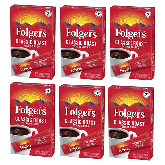 Folgers Classic Roast Instant Coffee Crystals, 7 Single Serve Packets (Pack of 6)