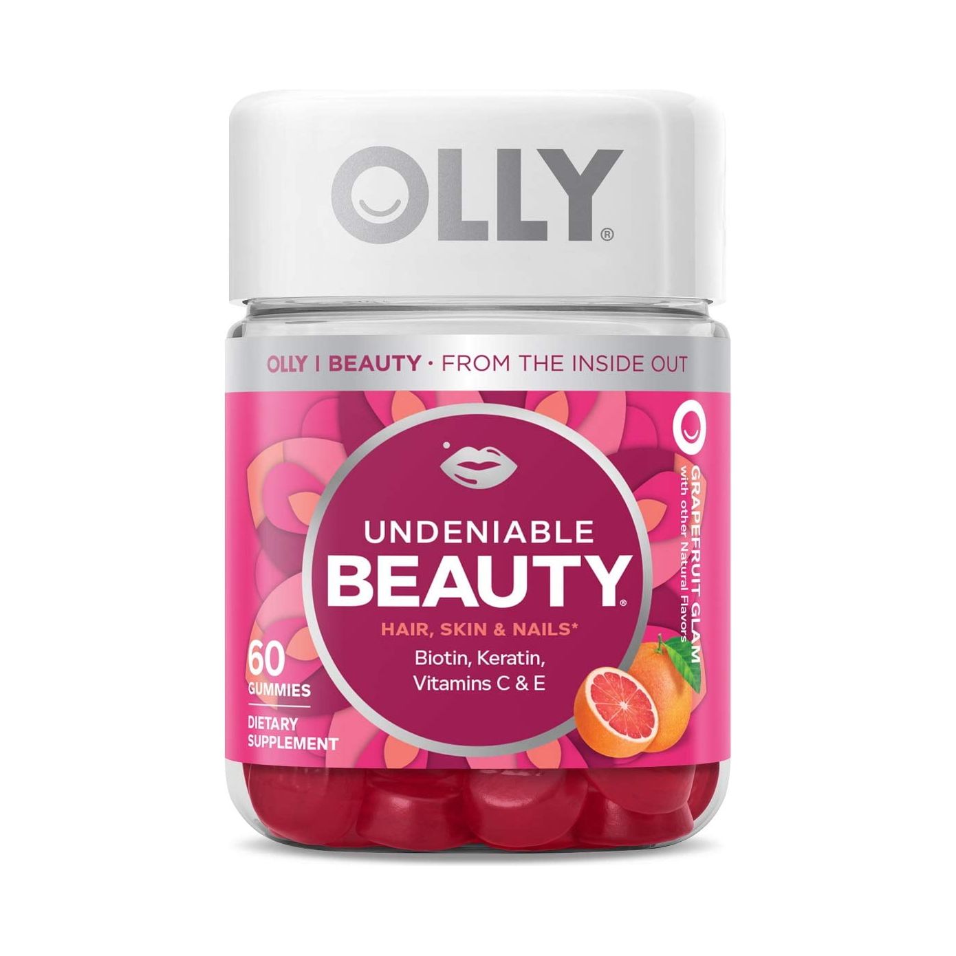 OLLY Undeniable Beauty Gummy, 30 Day Supply (60 Gummies), Grapefruit Glam, Biotin, Vitamin C, Keratin, for Hair, Skin, Nails,  Chewable Supplement