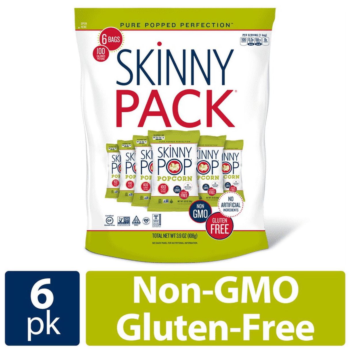 SkinnyPop Original Popcorn, Skinny Pack, Gluten-Free, 0.65 oz Bags, 6 Ct