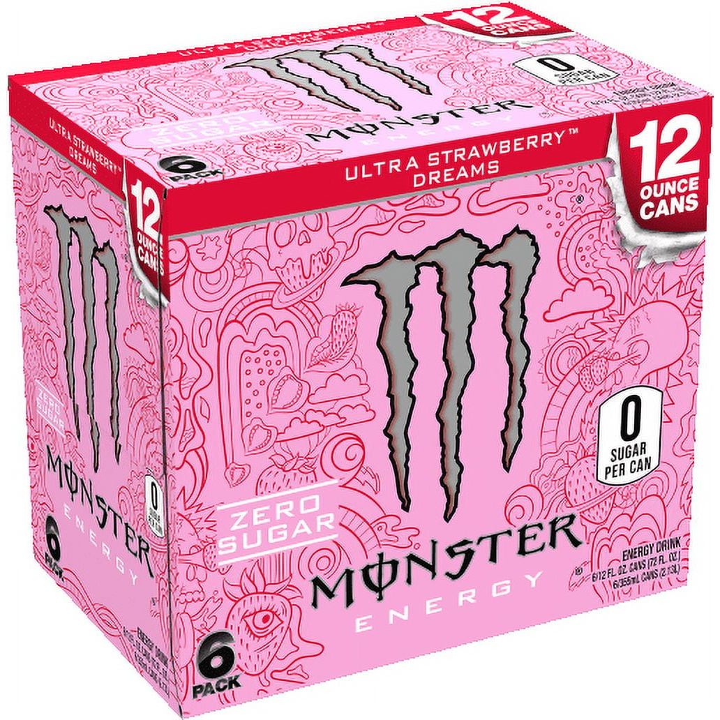 Monster Ultra Strawberry Dreams Zero Sugar Energy Drink, 12 fl oz, 6 Pack