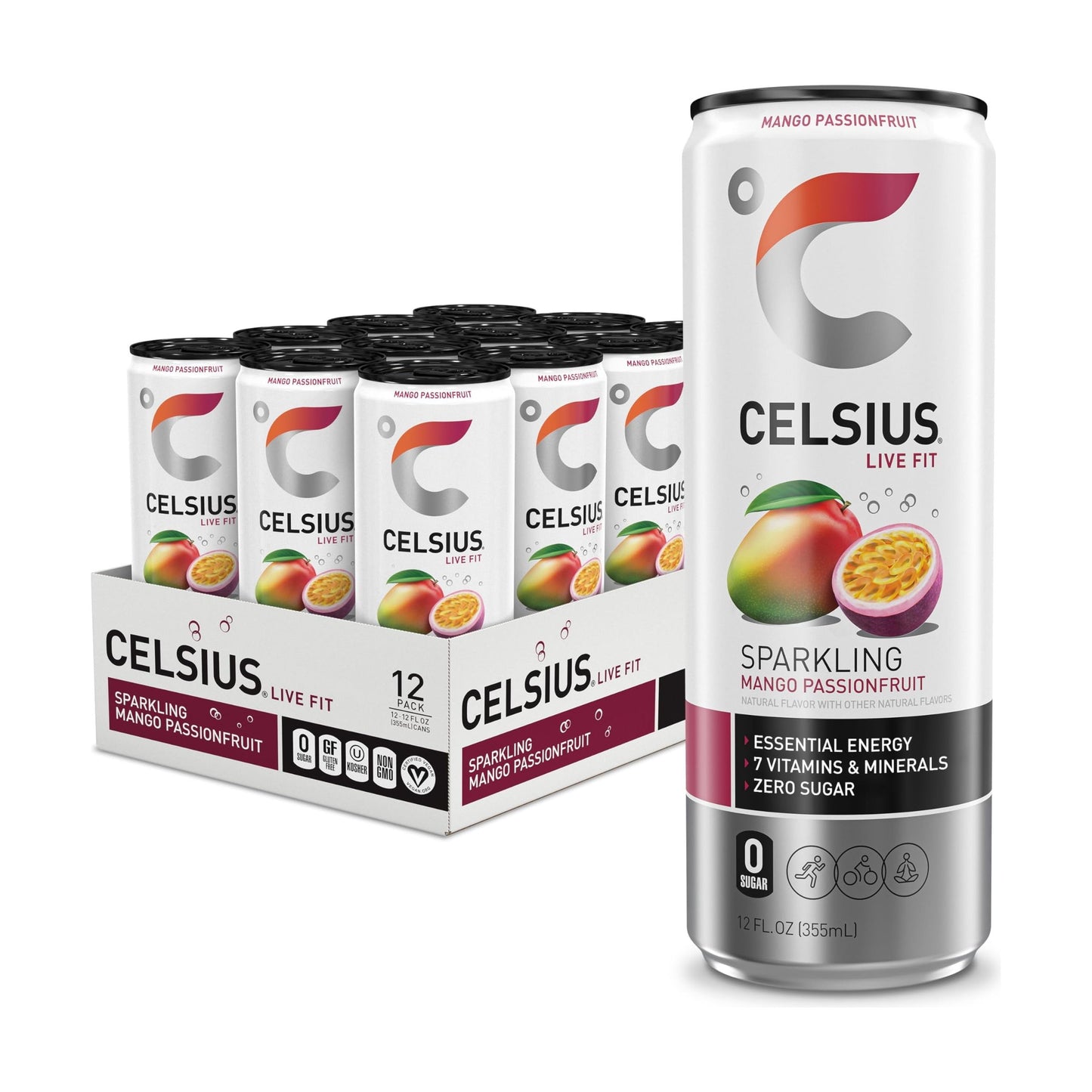 CELSIUS Sparkling Mango Passionfruit Energy Boost, 12 oz Cans - 12 Pack