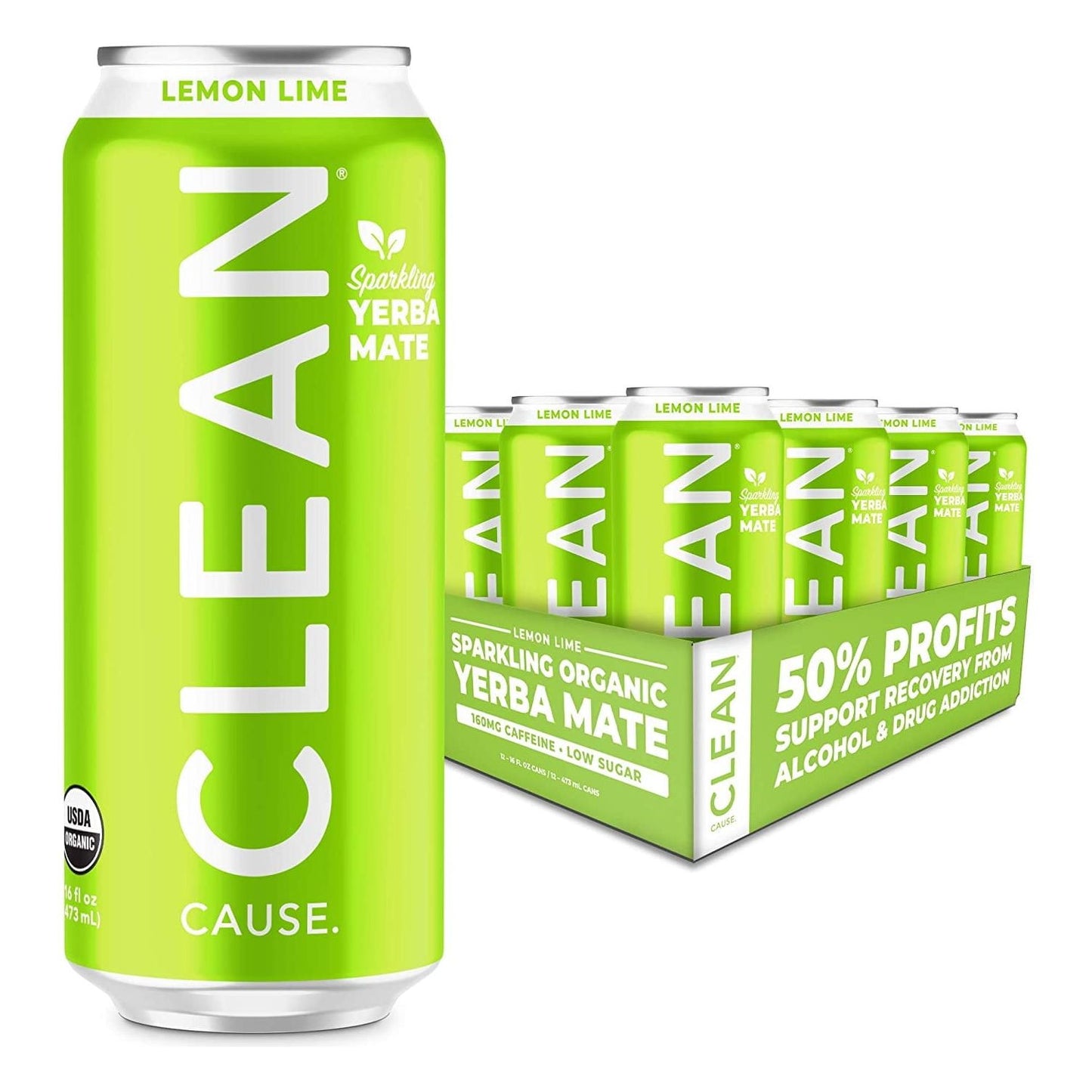 Organic Sparkling Yerba Mate - Lemon Lime Flavor, Low Calorie & Low Sugar (160mg Caffeine), 12-Pack of 16oz Cans