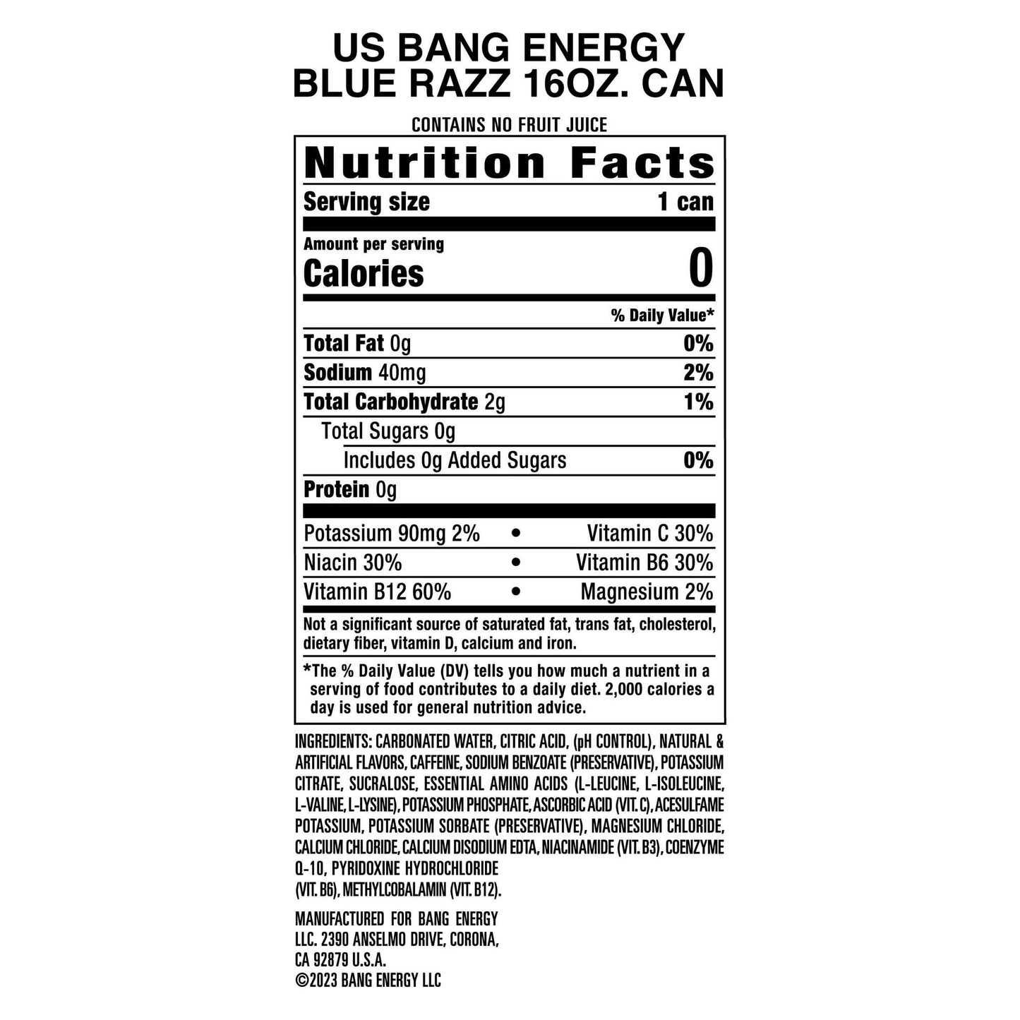 BANG Energy Drink, Blue Raspberry Blast, 16 oz, Pack of 4