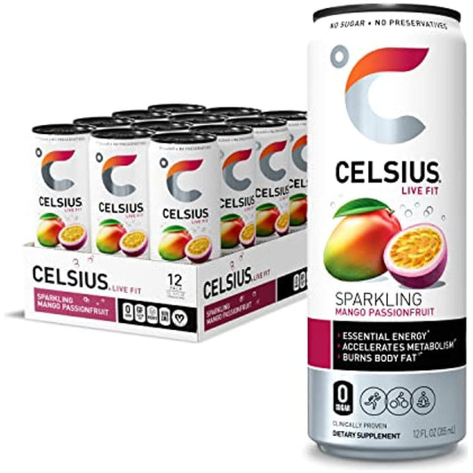 Celsius Essential Energy Sparkling Mango Passionfruit - 12 oz Cans, 12-Pack for Healthy Hydration