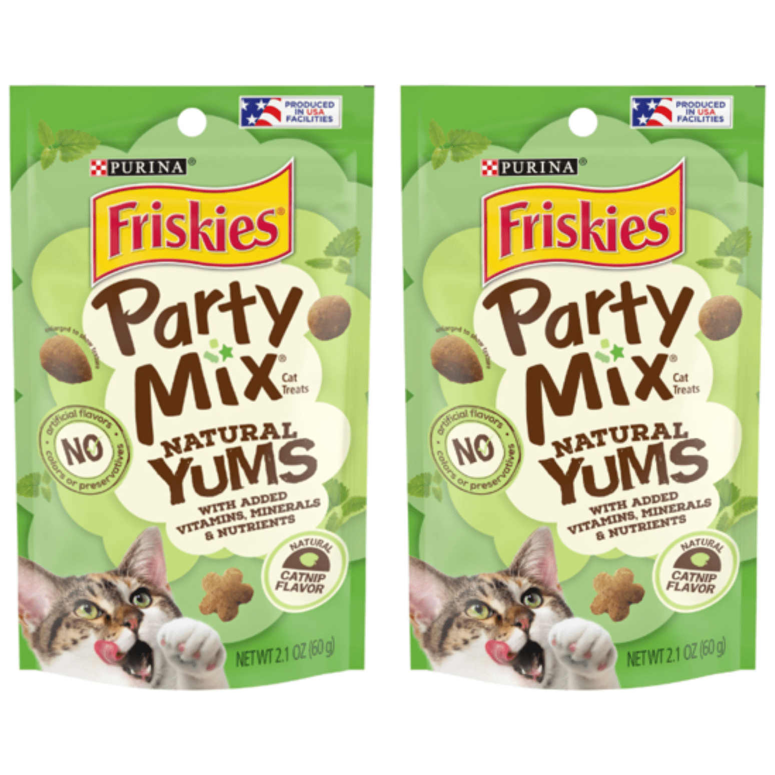 Friskies , Natural Cat Treats, Party Mix Natural Yums Catnip Flavor, 2.1 oz. Pouch- Pack of 2 - Friskies