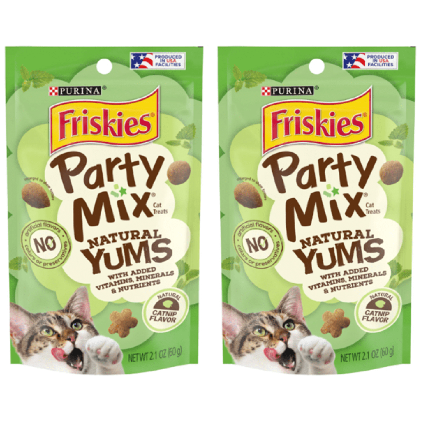 Friskies , Natural Cat Treats, Party Mix Natural Yums Catnip Flavor, 2.1 oz. Pouch- Pack of 2