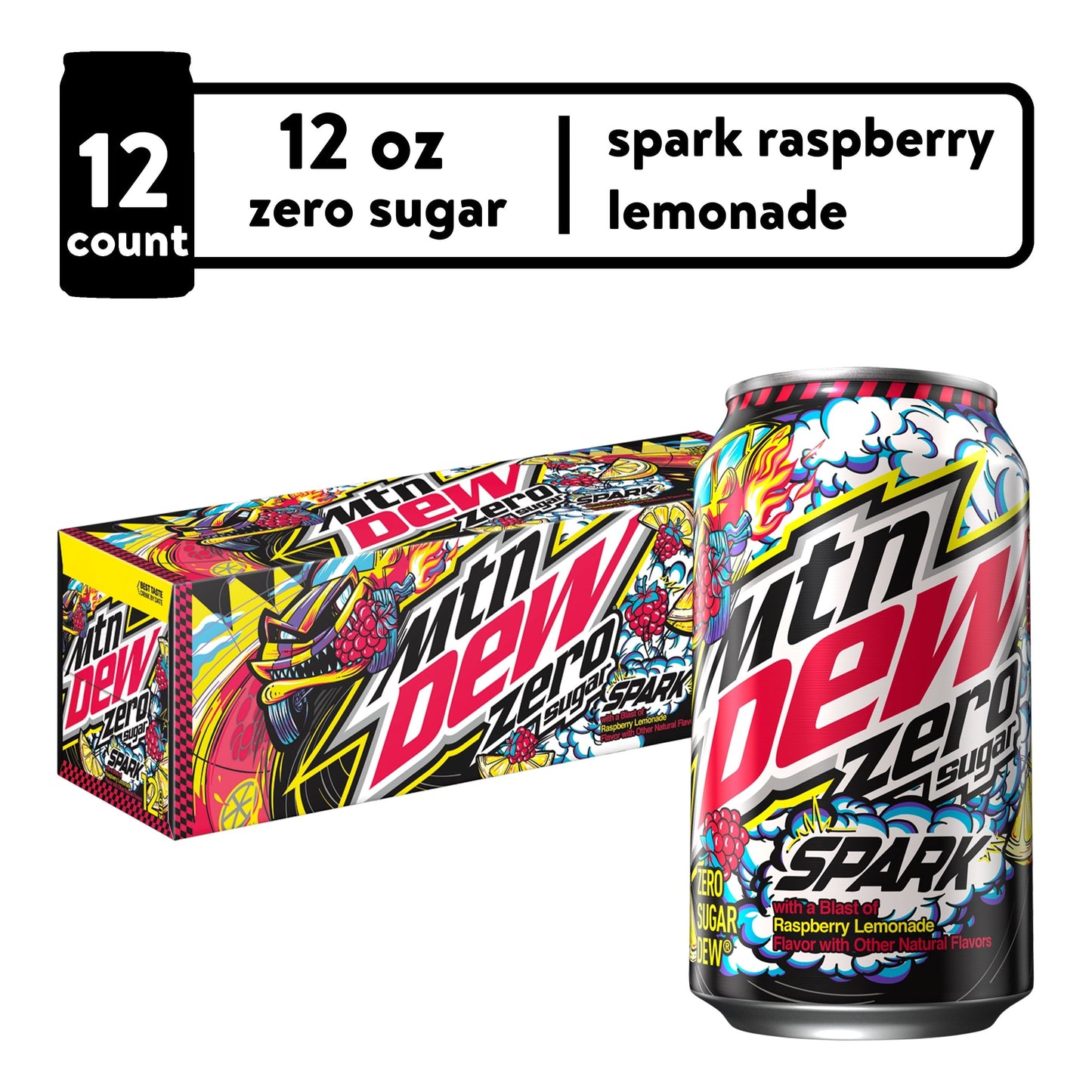 Mountain Dew Zero Sugar Spark Raspberry Lemonade Drink, 12 fl oz, 12 Pack Cans