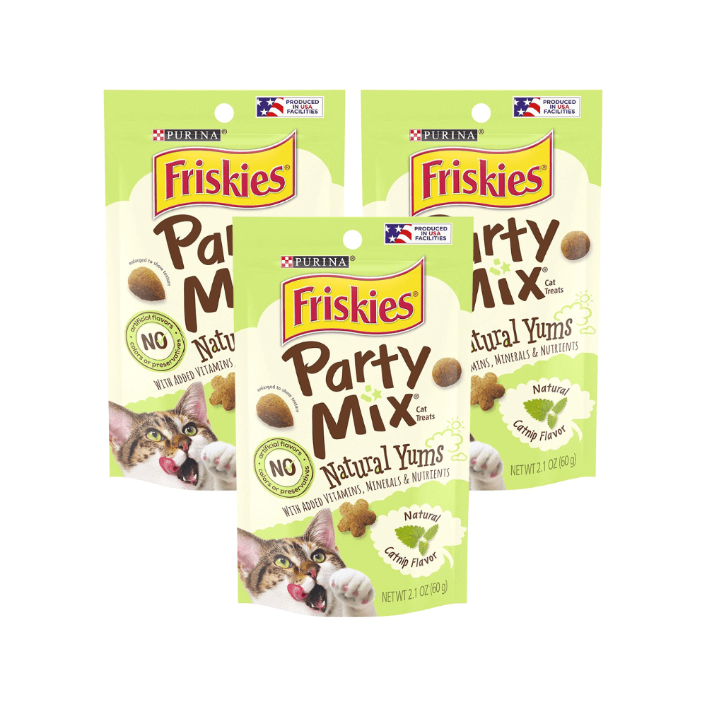 Purina Friskies Party Mix Natural Yums Cat Treats, Natural Catnip Flavor with Added Vitamins, Minerals & Nutrients, For Adult Cats, 2.1 OZ Pouch (Pack of 3) - Friskies