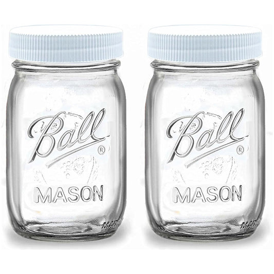 Regular Mouth Mason Jars 16 oz, Ball Regular Mouth 16-Ounces Pint Mason Jars with White M.E.M Food Storage Plastic Lids - 2 Pack