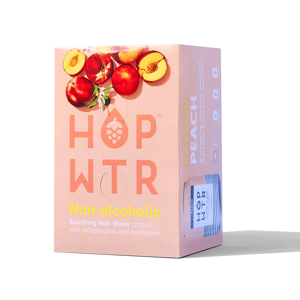 Peach-Infused HOP WTR Sparkling Hop Water, 12 Pack - Zero Sugar, Low Carb Non-Alcoholic Beverage with Adaptogens & Nootropics, 12 oz Cans