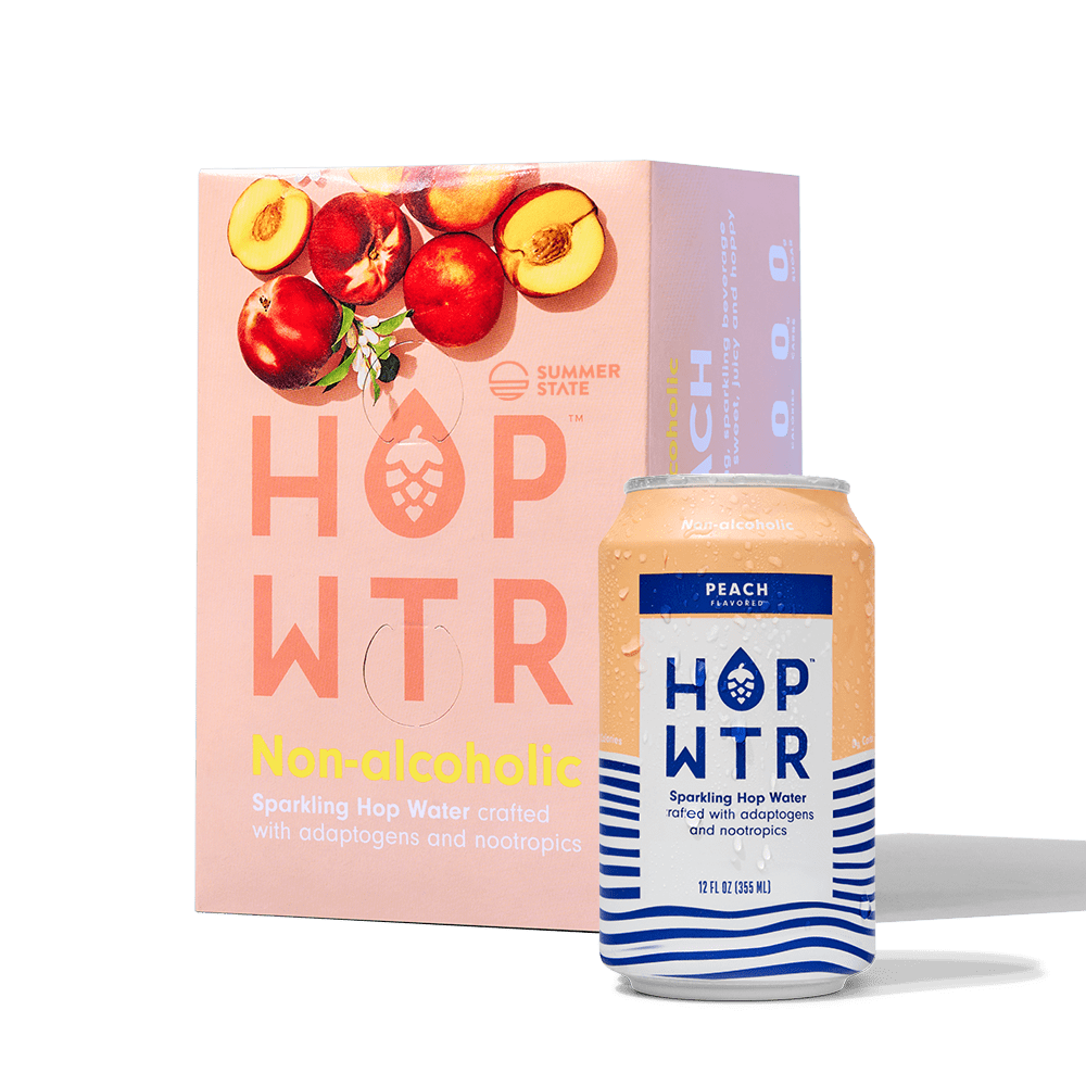 Peach-Infused HOP WTR Sparkling Hop Water, 12 Pack - Zero Sugar, Low Carb Non-Alcoholic Beverage with Adaptogens & Nootropics, 12 oz Cans