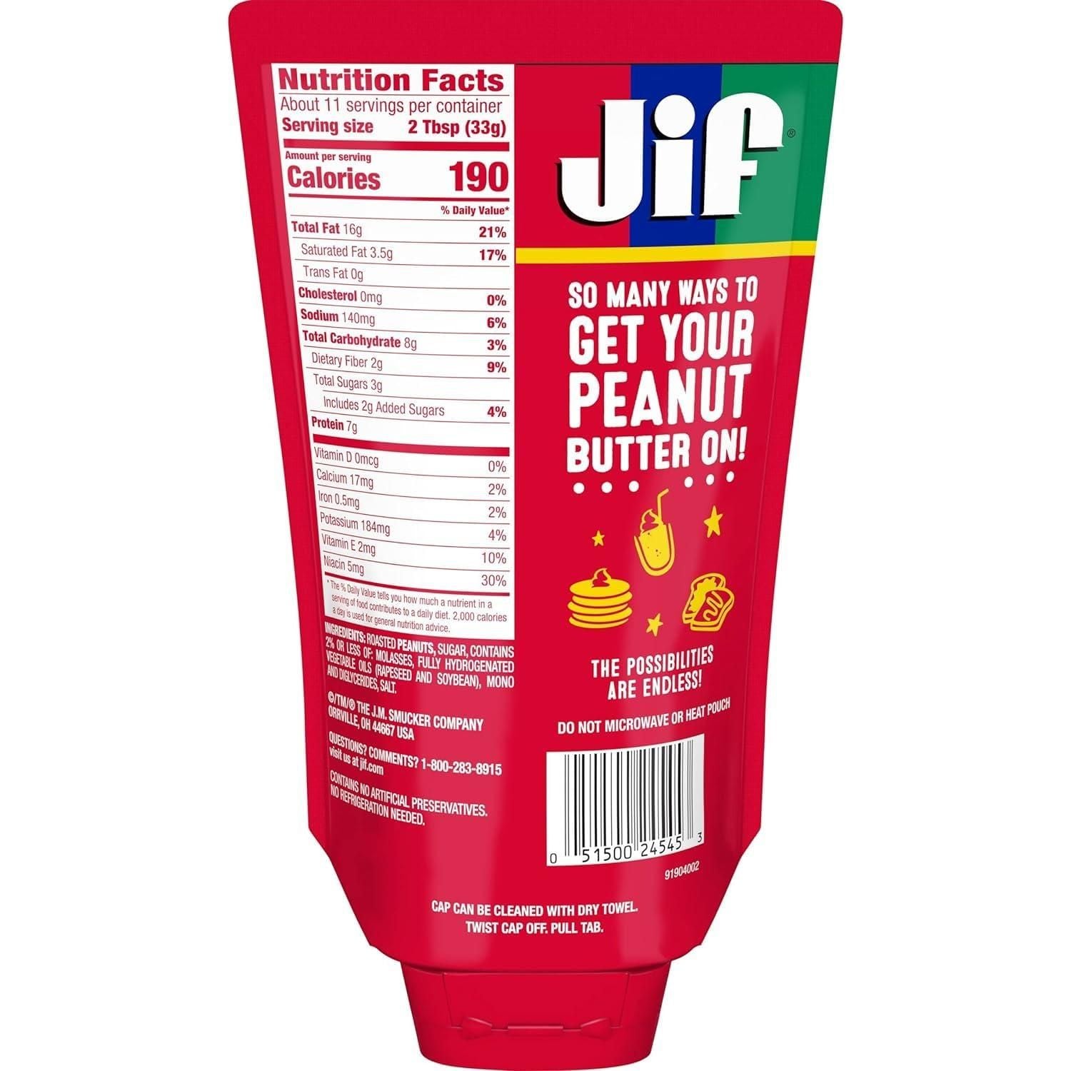 Jif Creamy Squeeze Peanut Butter, 13 oz Portable Pouch - Jif