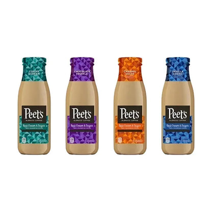 4 Pack-Peet's Coffee Glass Bottle Variety Pack, Chocolate Truffle, Vanilla Creme, Coffee and Creme, Caramel Dulce, 13.7oz Glass Bottles